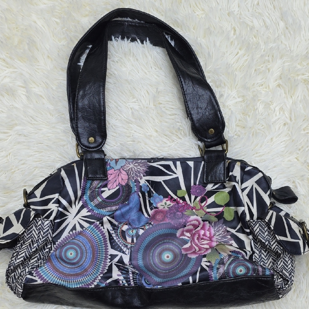 Desigual Black Floral Patterned Shoulder Bag with Purple and Blue Accents